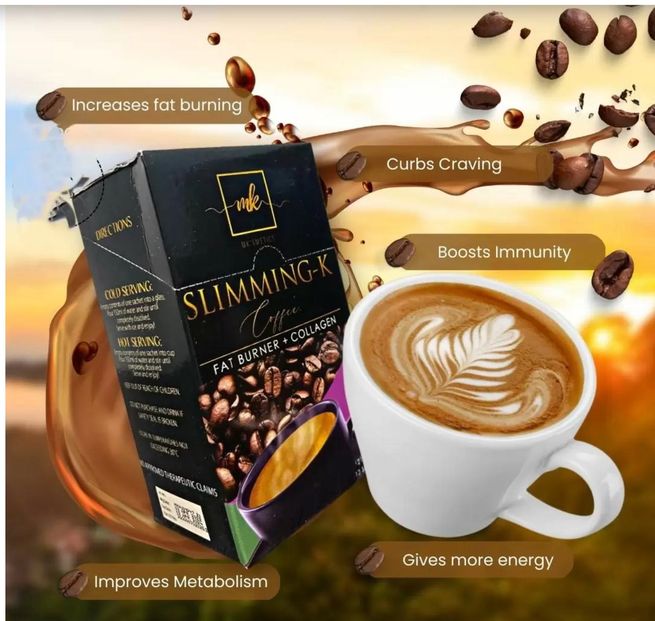 4 Boxes MK Slimming-K Coffee Fat Burner + Collagen, 10 Sachets Each