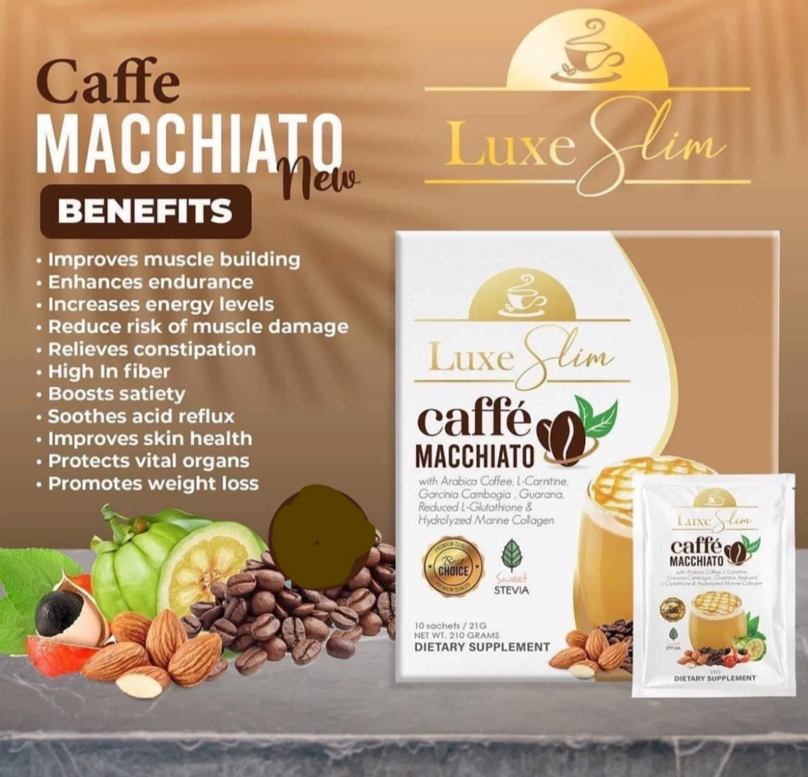 Luxe Slim Caffe MACCHIATO With Collagen & L-Glutathione, 8 Sachets New Packaging