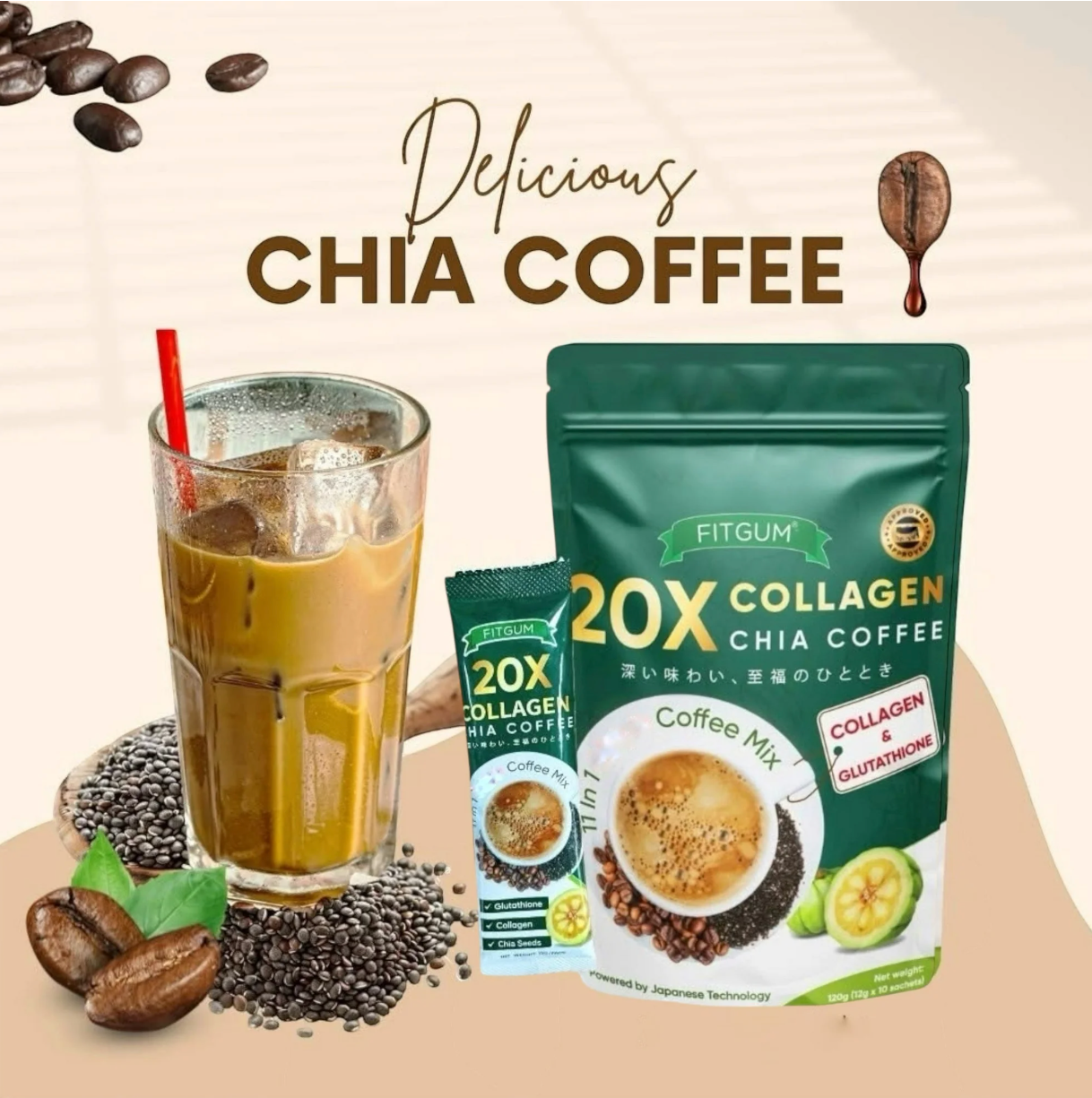 Fit Gum Collagen Chia Coffee - 11 in 1 Coffee Mix (3 Packs)