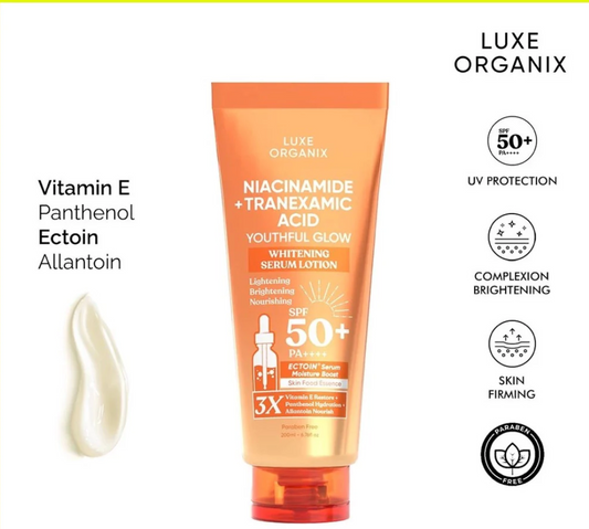 Luxe Organix Niacinamide + Tranexamic Acid Youthful Glow Serum Lotion SPF50 PA+++, 200ml