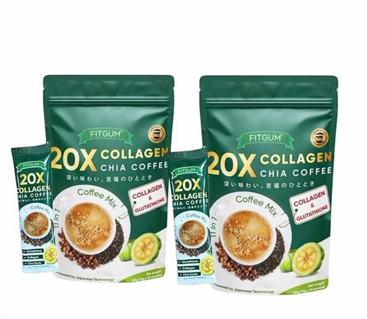 2 Packs FIT GUM 20X Collagen Chia Coffee - 11 in 1 Coffee Mix (10 Sachets per Pack)