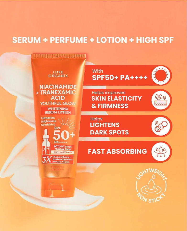 Luxe Organix Niacinamide + Tranexamic Acid Youthful Glow Serum Lotion SPF50 PA+++, 200ml