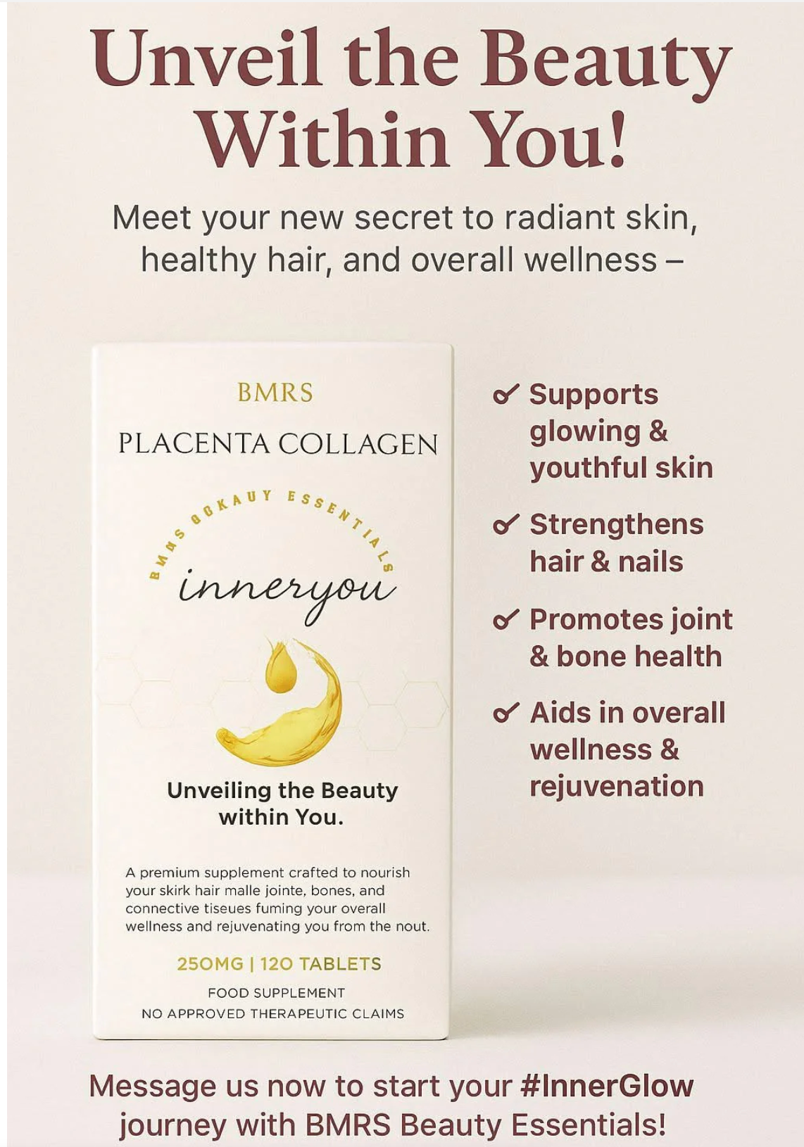 BMRS Beauty Essentials Inner You Placenta Collagen Food Supplement - 250mg, 120 Tablets