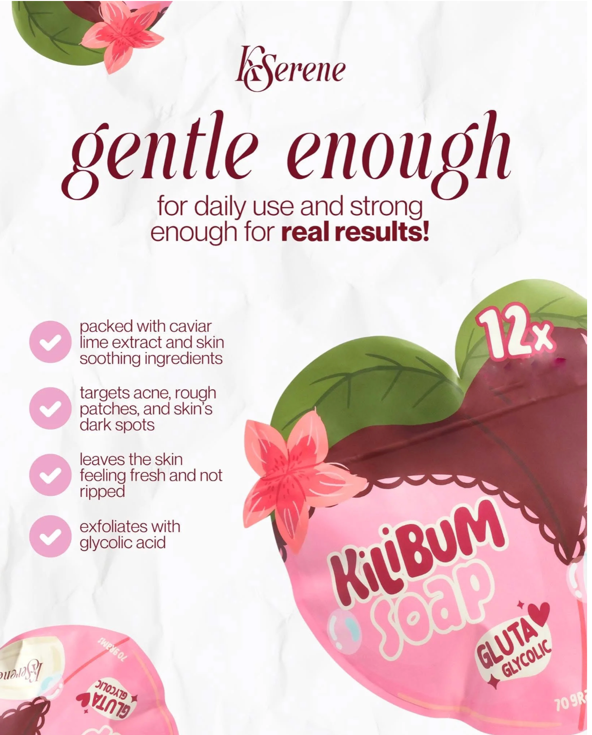 KSerene KiLiBUM Gluta Glycolic Soap 70g x 3 Bars – Gentle Exfoliating Bar with Glycolic, Kojic & Lactic Acid