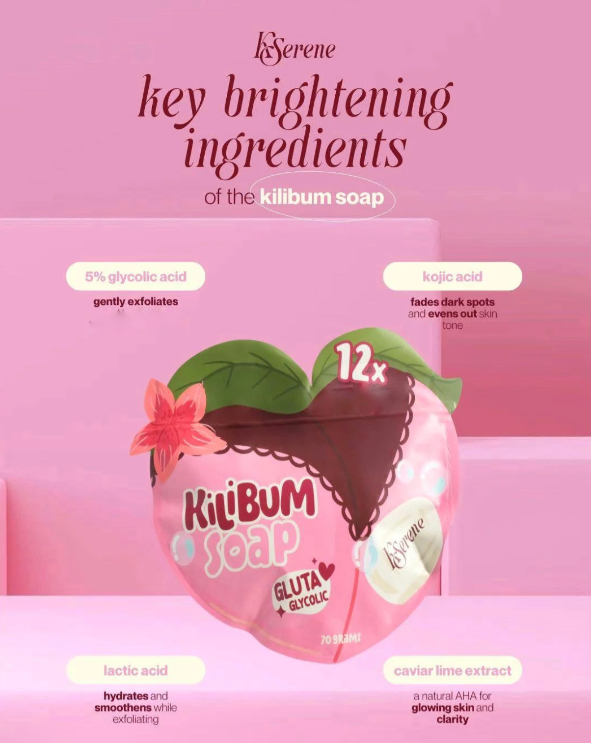 KSerene KiLiBUM Gluta Glycolic Soap 70g x 3 Bars – Gentle Exfoliating Bar with Glycolic, Kojic & Lactic Acid