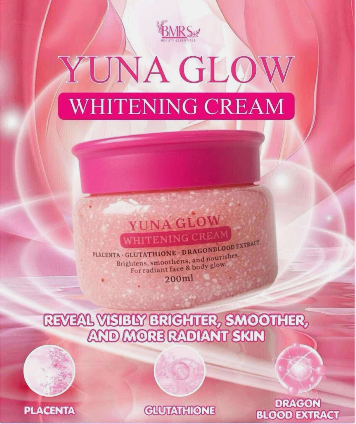 BMRS YUNA GLOW Face & Body Cream with Placenta, Glutathione & Dragon Blood Extract - 200 ml