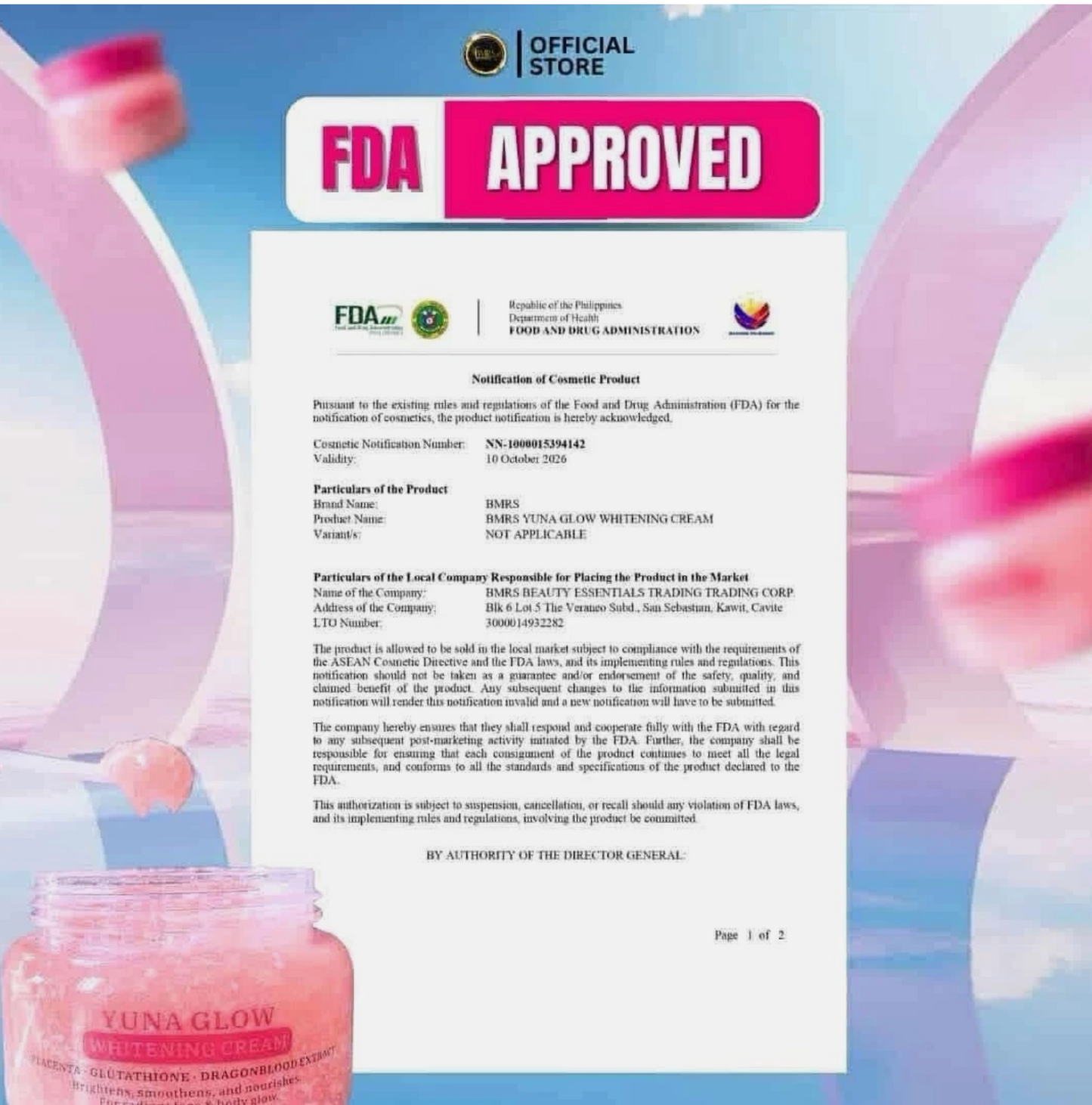 BMRS YUNA GLOW Face & Body Cream with Placenta, Glutathione & Dragon Blood Extract - 200 ml