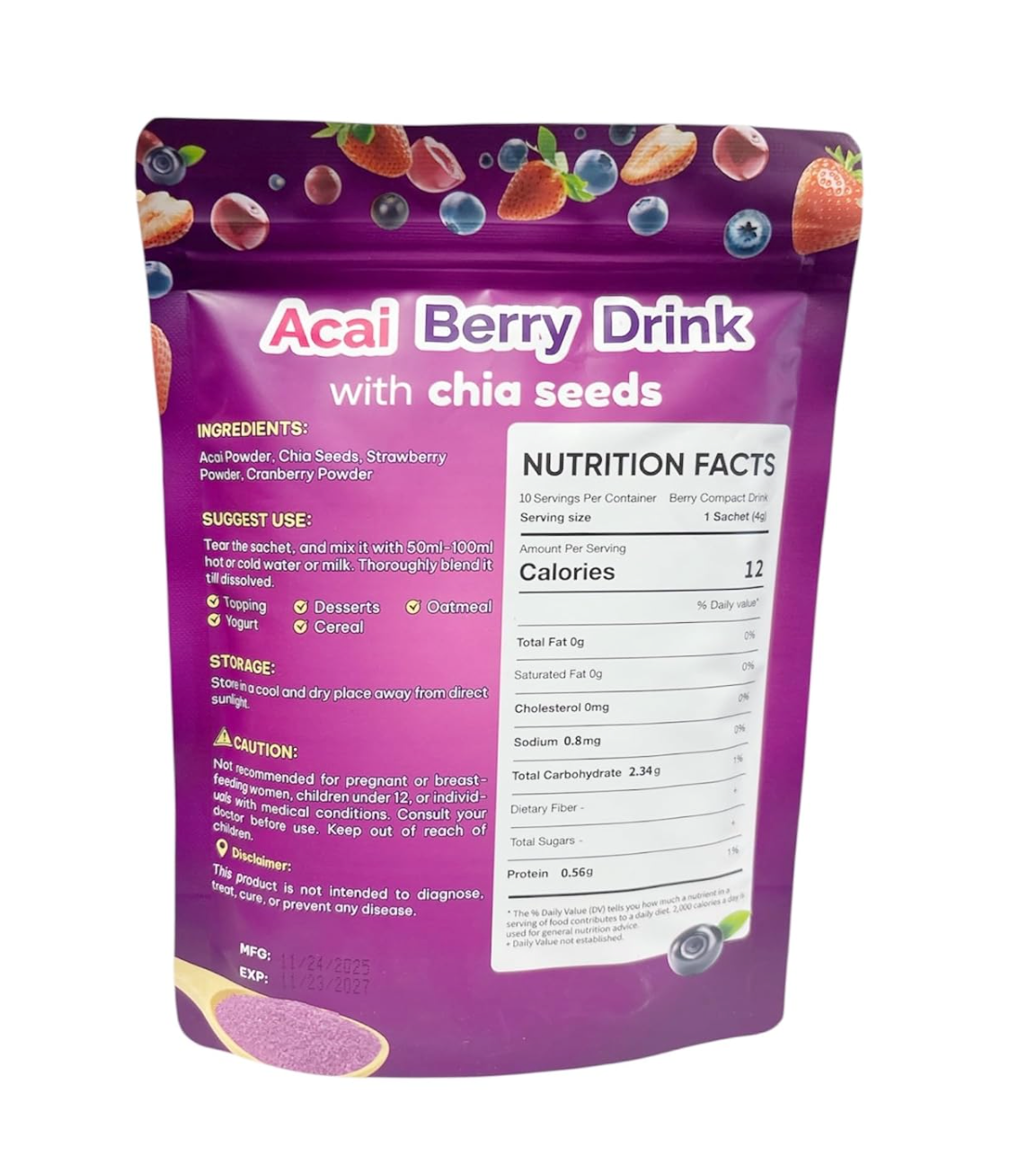 FITGUM Acai Berry Drink Powder with Chia Seeds (10 Sachets) | Berry Blend Beverage Mix