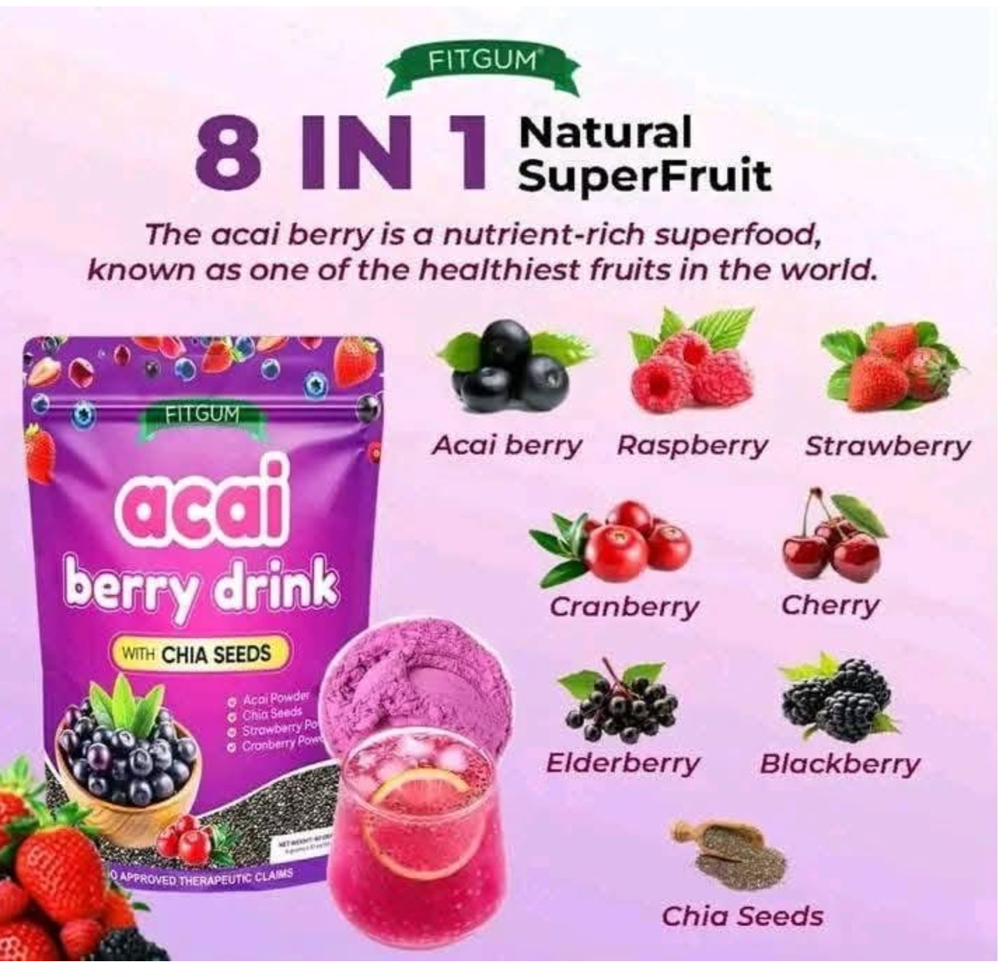 FITGUM Acai Berry Drink Powder with Chia Seeds (10 Sachets) | Berry Blend Beverage Mix