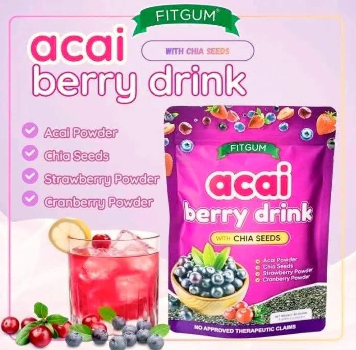 FITGUM Acai Berry Drink Powder with Chia Seeds (10 Sachets) | Berry Blend Beverage Mix