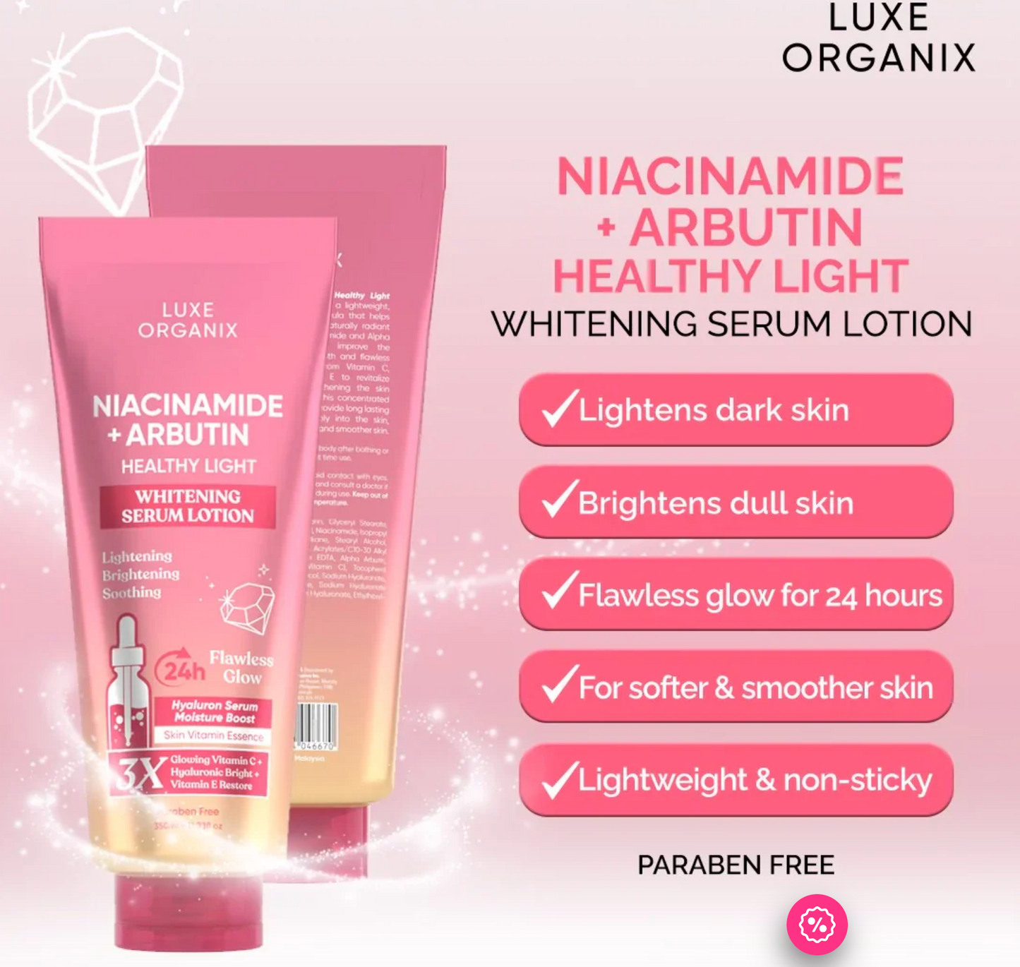 Luxe Organix - NIACINAMIDE + ALPHA ARBUTIN WHITENING SERUM LOTION 350ML ( PINK )